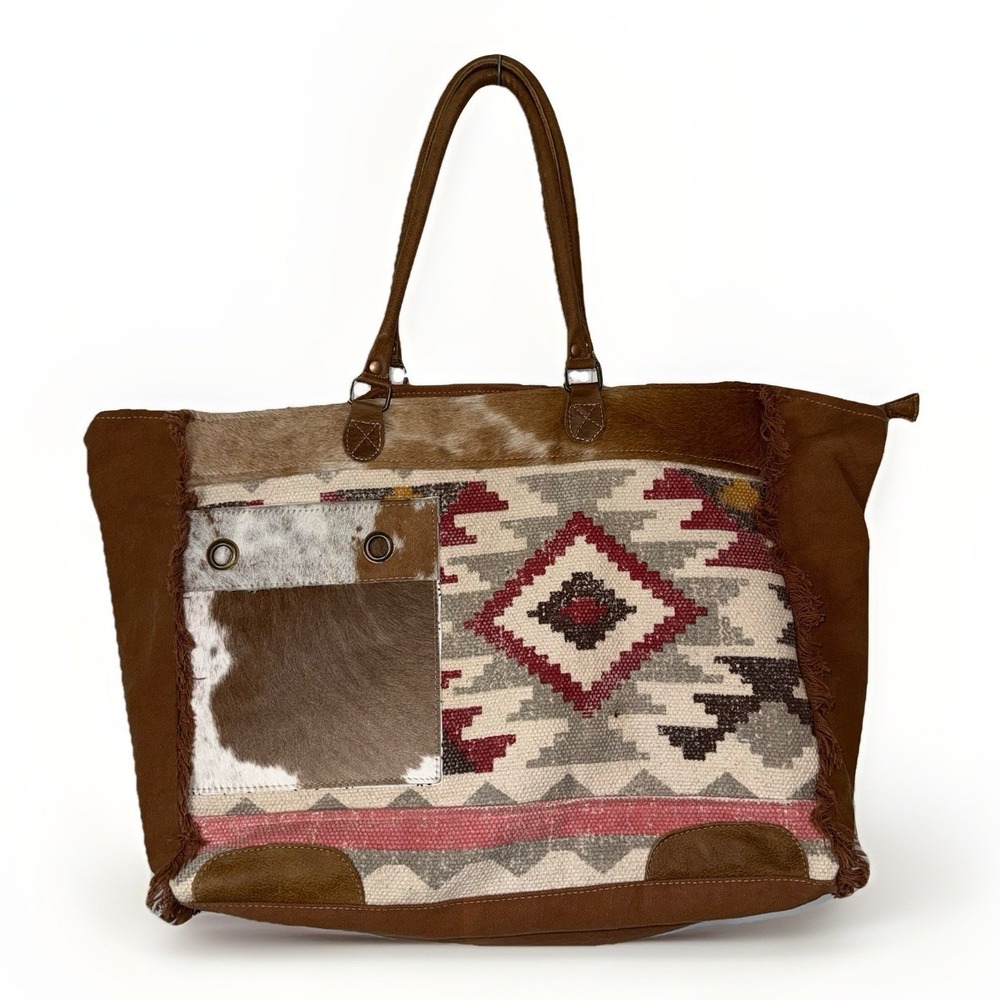 Myra Bag Southwestern Cowhide Canvas Weekender Tote XL Western Boho Aztec Travel